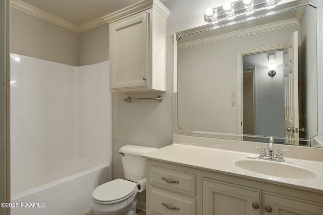 full bathroom with shower / bathing tub combination, toilet, vanity, and crown molding