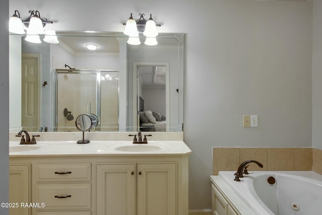 bathroom with vanity, crown molding, and plus walk in shower