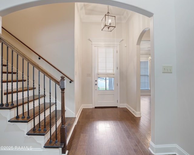 foyer with dark hardwood / wood-style flooring, an inviting chandelier, and ornamental molding