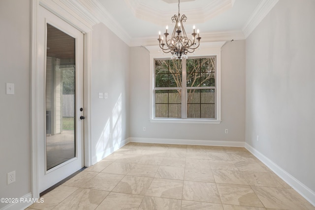 unfurnished dining area with a raised ceiling, an inviting chandelier, and crown molding