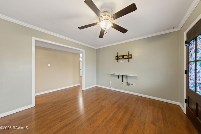 unfurnished room with ceiling fan, wood-type flooring, and ornamental molding