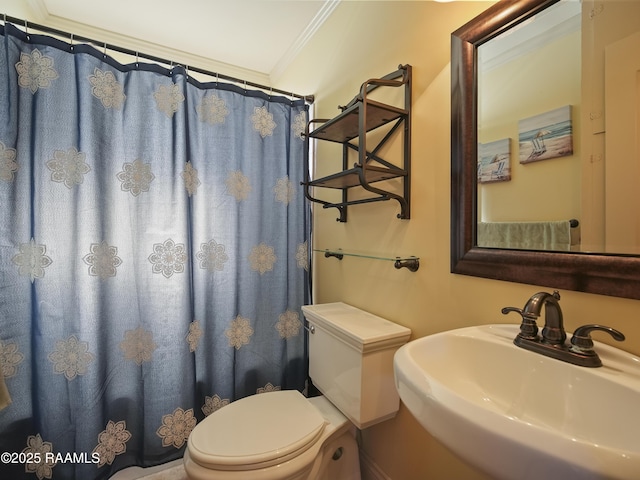 bathroom with sink, toilet, walk in shower, and ornamental molding