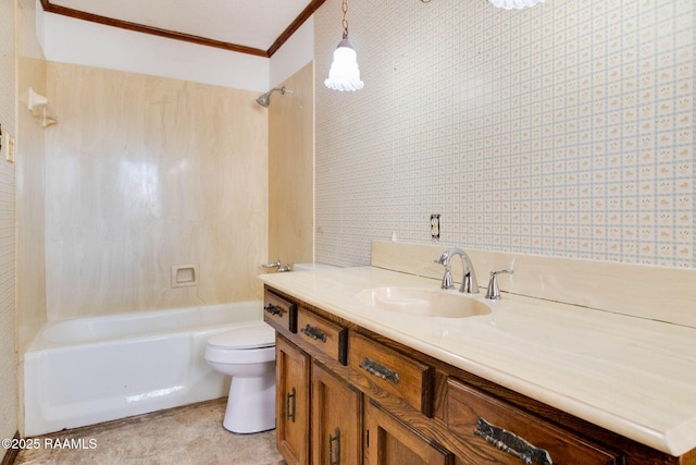 full bath featuring wallpapered walls, toilet, vanity, and  shower combination