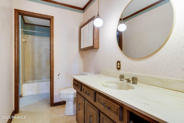 bathroom featuring toilet, wallpapered walls, vanity, and ornamental molding