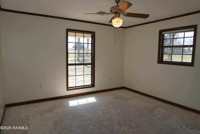 unfurnished room featuring baseboards, a ceiling fan, and crown molding