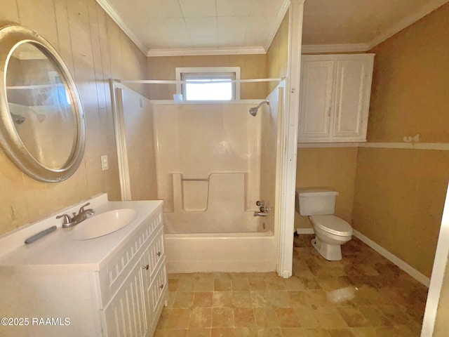 full bathroom featuring ornamental molding, vanity, toilet, and bathing tub / shower combination