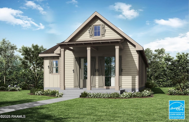 view of front of property with board and batten siding and a front lawn