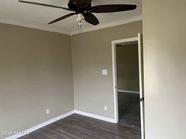 unfurnished room featuring crown molding, dark hardwood / wood-style floors, and ceiling fan