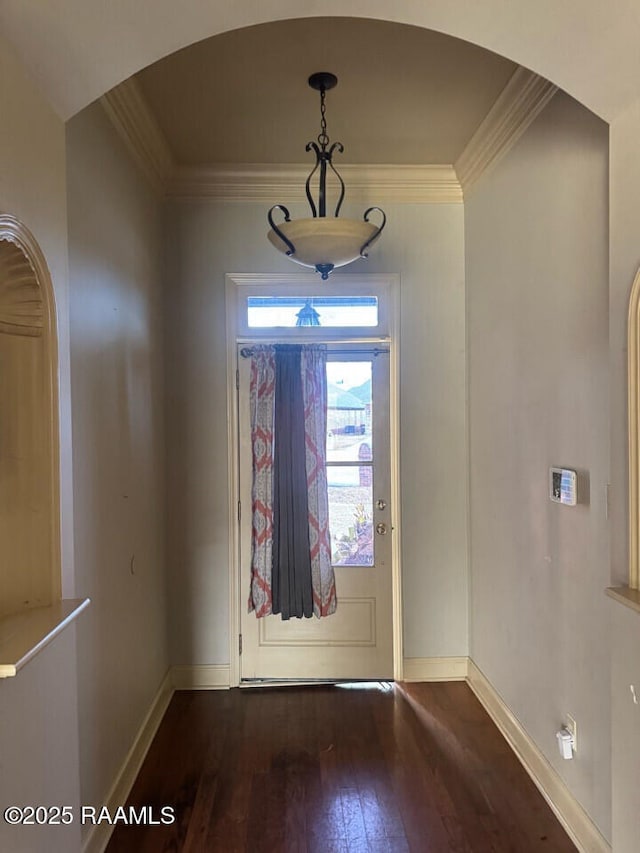 entrance foyer featuring ornamental molding and dark hardwood / wood-style flooring