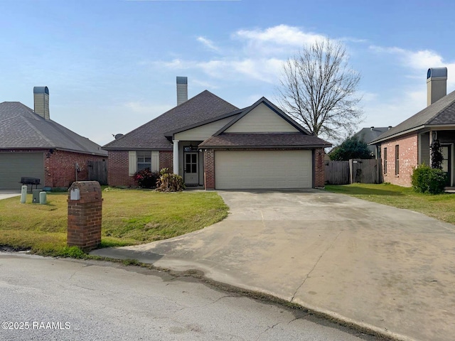 single story home featuring a garage, driveway, brick siding, and a front lawn