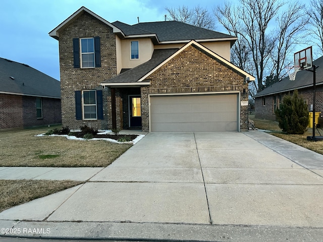 front facade with a garage and a front yard