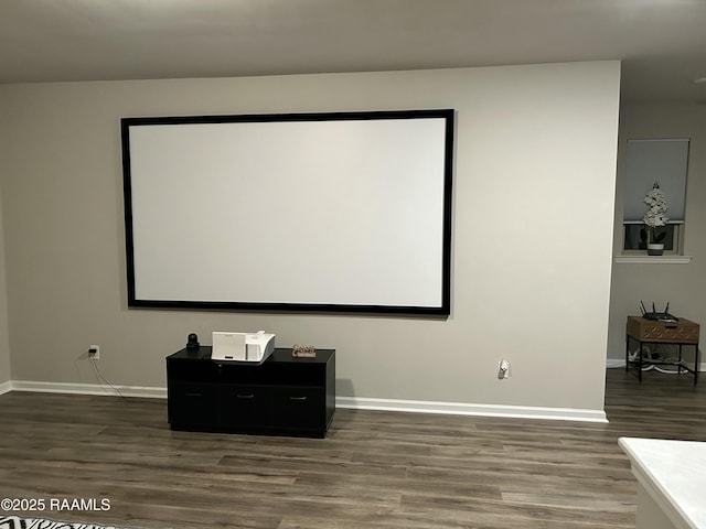 home theater featuring dark wood-type flooring