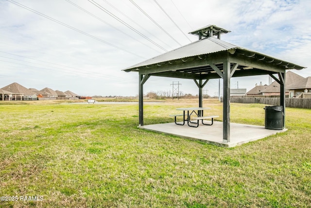 surrounding community with a patio and a yard