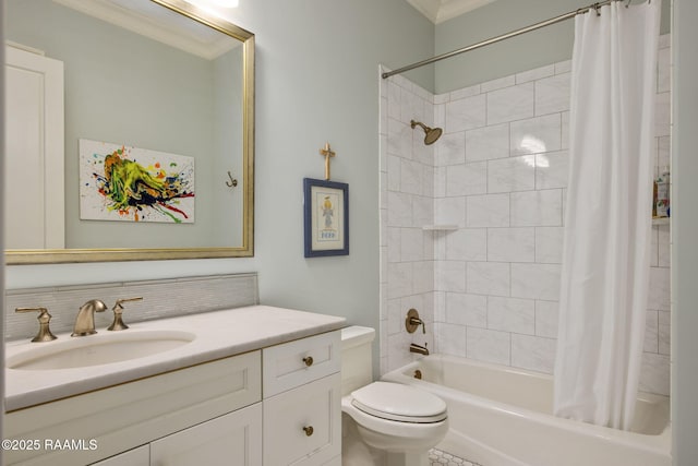 full bathroom with toilet, vanity, ornamental molding, and shower / tub combo