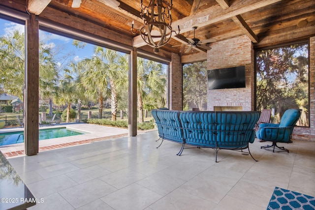 unfurnished sunroom with wooden ceiling and beam ceiling