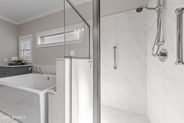 bathroom with crown molding and independent shower and bath