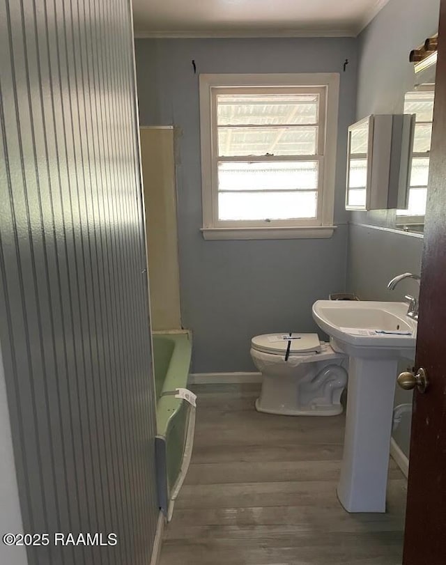 full bathroom with hardwood / wood-style flooring, plus walk in shower, sink, and toilet