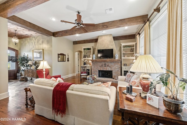 living room featuring dark hardwood / wood-style floors, a fireplace, ceiling fan, beam ceiling, and built in shelves