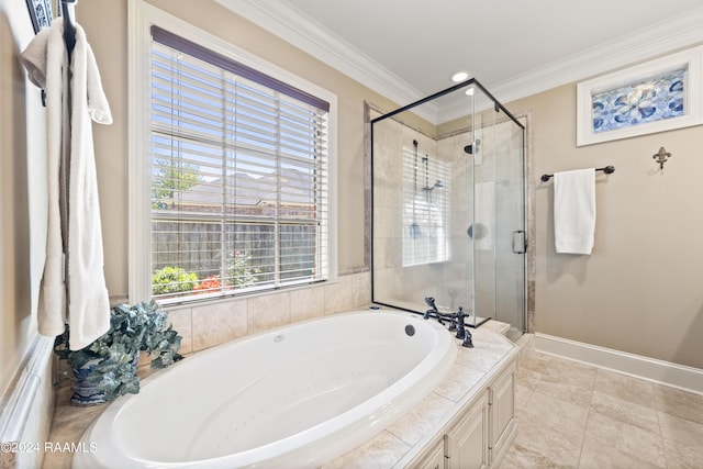 bathroom featuring ornamental molding, shower with separate bathtub, and tile patterned flooring