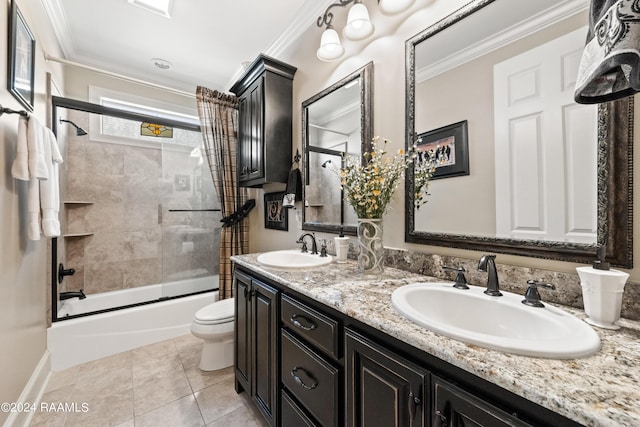 full bathroom with crown molding, enclosed tub / shower combo, vanity, and toilet