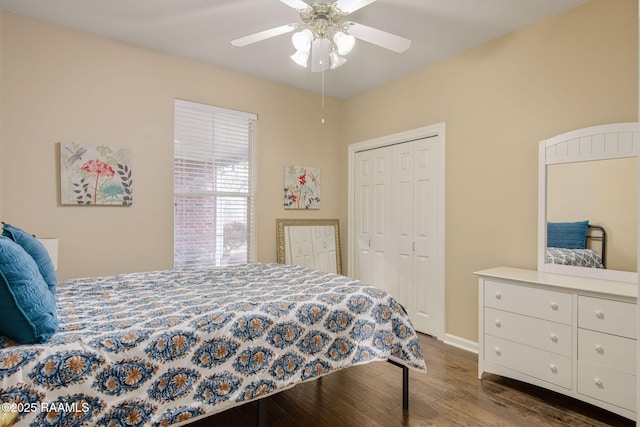 bedroom featuring a closet, dark hardwood / wood-style floors, and ceiling fan