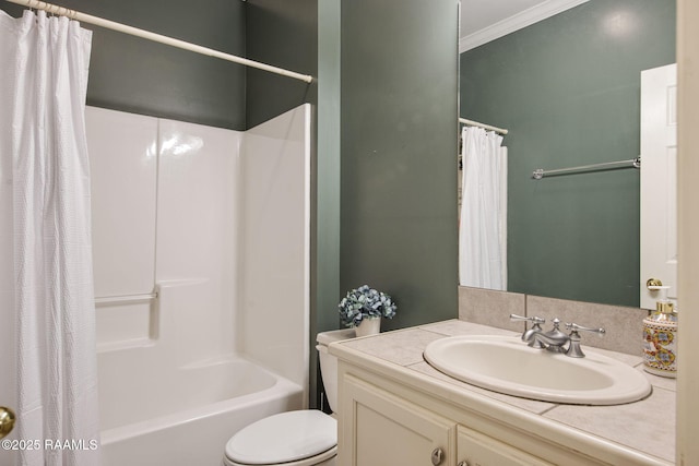 full bathroom featuring crown molding, shower / bathtub combination with curtain, vanity, and toilet