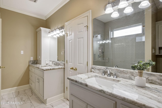 bathroom with vanity, a shower with shower door, and ornamental molding