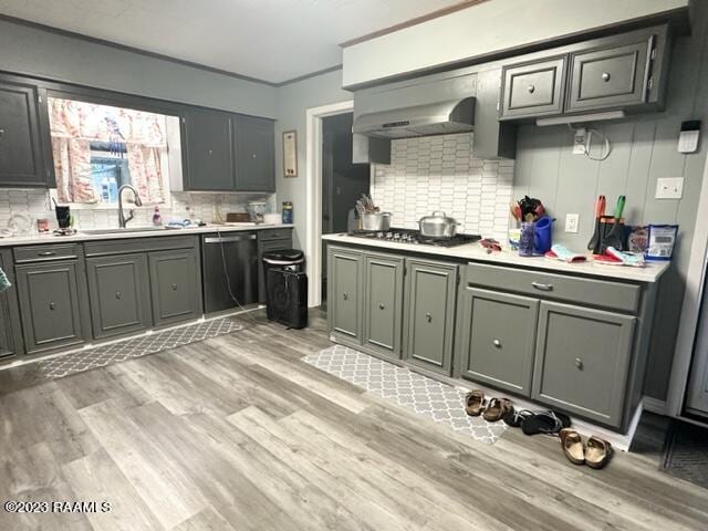 kitchen featuring wall chimney exhaust hood, stainless steel gas cooktop, sink, tasteful backsplash, and dishwasher