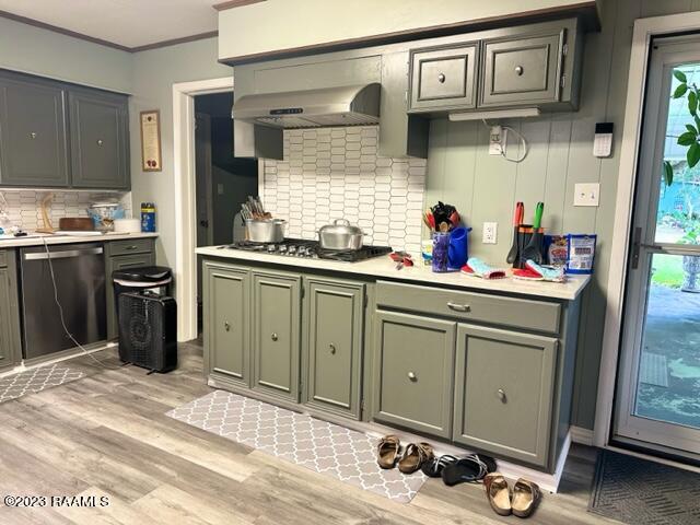 kitchen with tasteful backsplash, ornamental molding, exhaust hood, light hardwood / wood-style floors, and stainless steel appliances