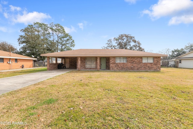 single story home featuring a carport and a front lawn