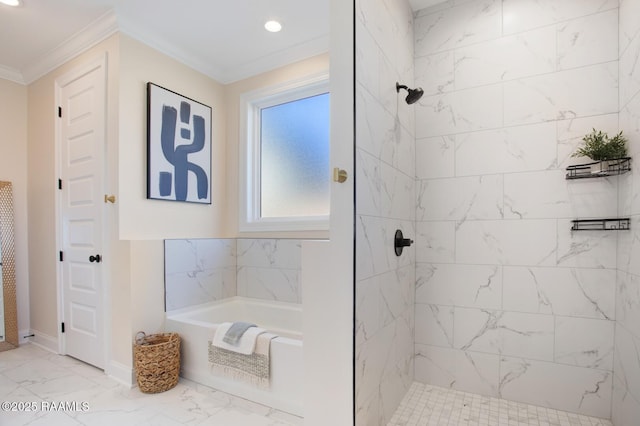 bathroom with crown molding and separate shower and tub