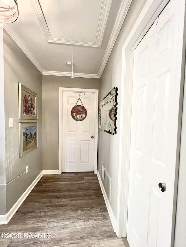 doorway to outside featuring ornamental molding and dark hardwood / wood-style floors