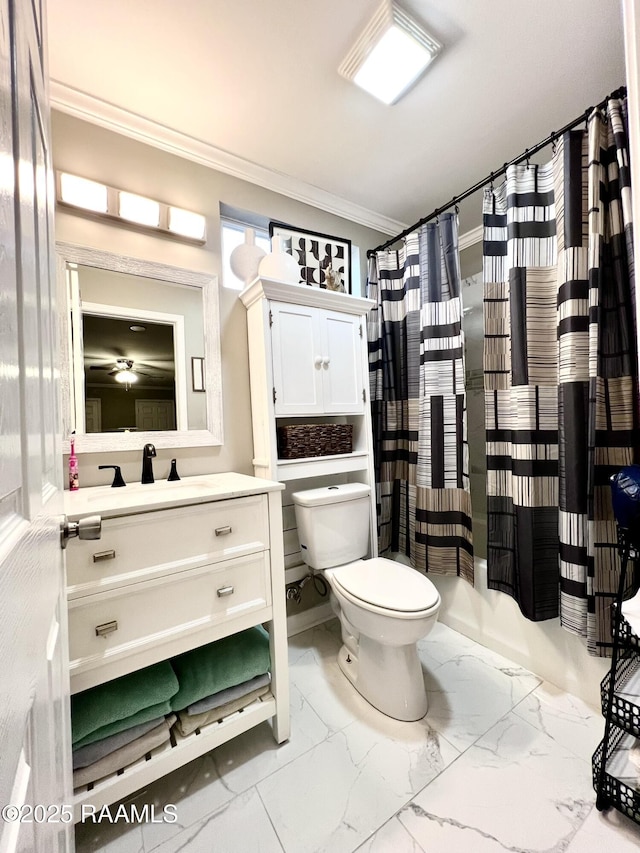 full bathroom featuring shower / tub combo with curtain, toilet, ornamental molding, vanity, and decorative backsplash