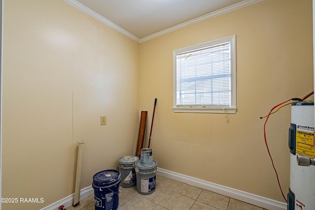 laundry area featuring light tile patterned floors, ornamental molding, and water heater