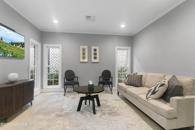 living room with crown molding