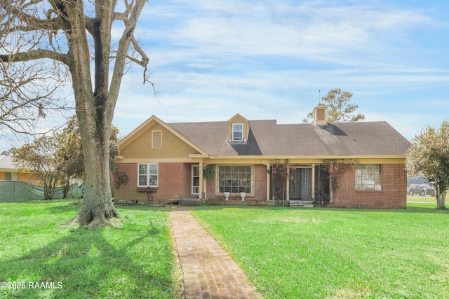 new england style home with brick siding, roof with shingles, a chimney, a front yard, and fence