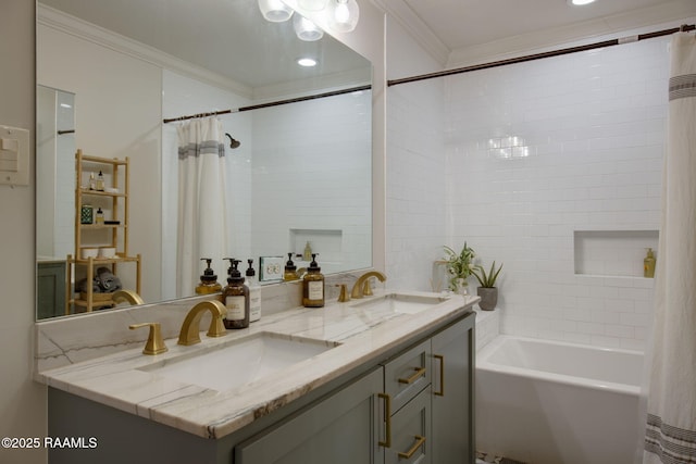 bathroom with ornamental molding, shower / bathtub combination with curtain, and vanity