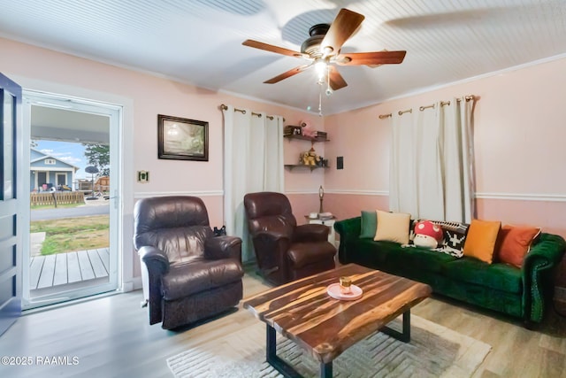 living room featuring ornamental molding, ceiling fan, and light wood-type flooring