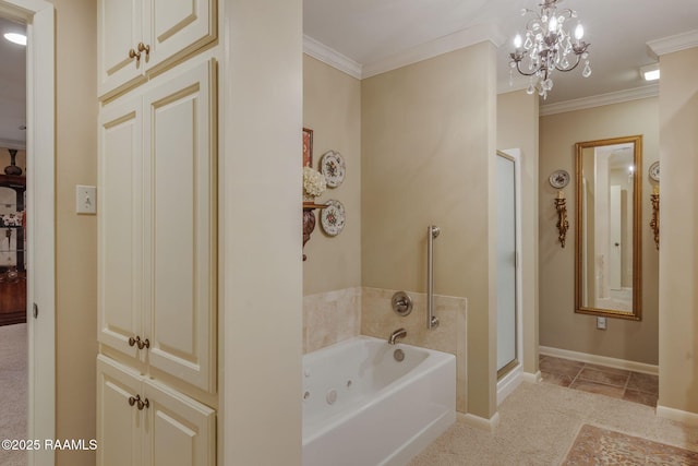 bathroom featuring crown molding and shower with separate bathtub