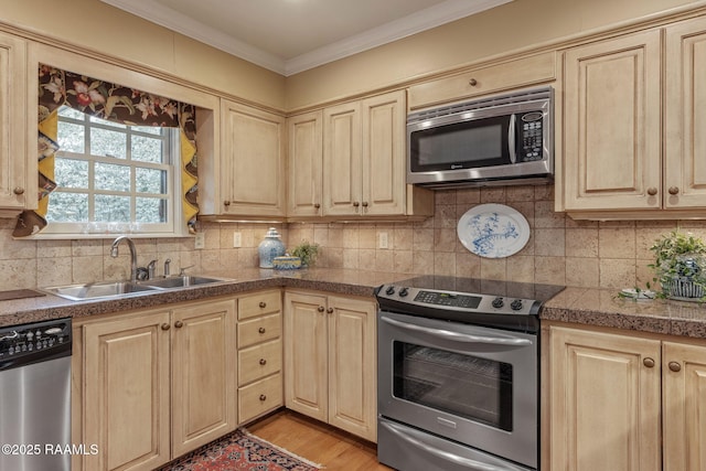 kitchen featuring appliances with stainless steel finishes, sink, decorative backsplash, and light hardwood / wood-style flooring