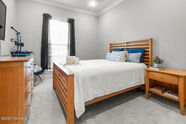 carpeted bedroom featuring crown molding