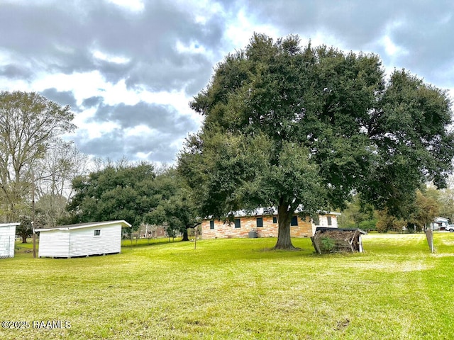 view of yard with a storage shed