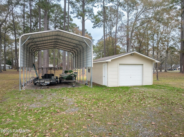 view of parking / parking lot with a yard, a garage, and a carport