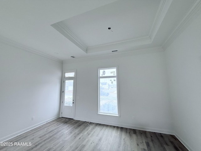 spare room featuring a raised ceiling, ornamental molding, and hardwood / wood-style floors