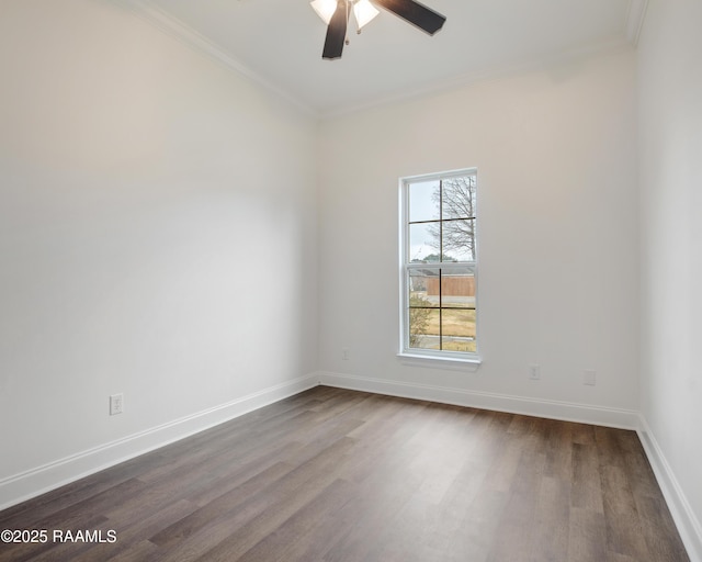 unfurnished room with crown molding, wood-type flooring, and ceiling fan