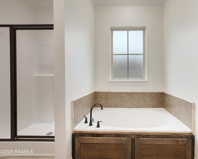 bathroom featuring crown molding and plus walk in shower