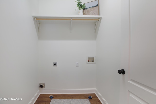 laundry area with hookup for an electric dryer, hookup for a washing machine, and hardwood / wood-style floors