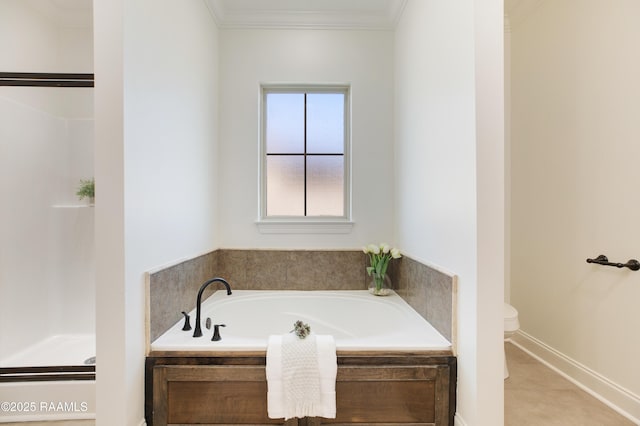 bathroom featuring ornamental molding, plus walk in shower, and toilet