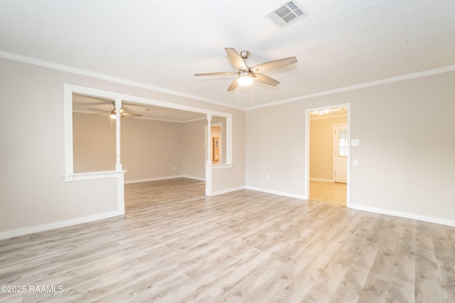 unfurnished room featuring ceiling fan, ornamental molding, and light hardwood / wood-style floors