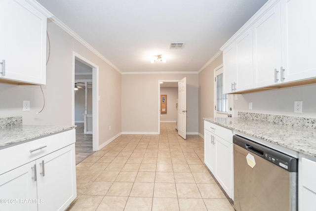 kitchen with white cabinetry, light stone counters, crown molding, and dishwasher